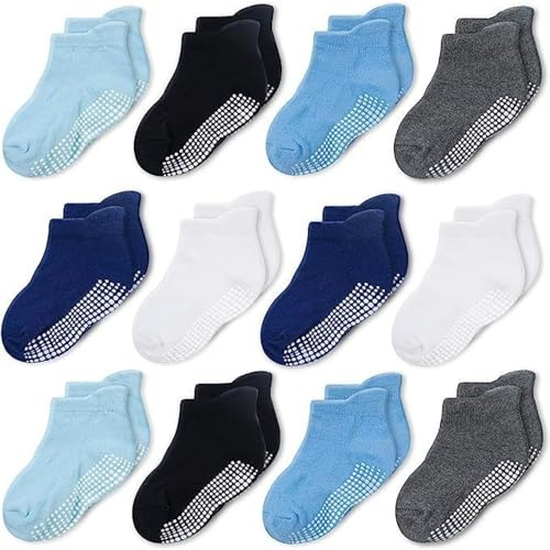 CozyWay Non-Slip Socks Baby Socks Toddler Socks with Grippers - Ankle Style for Little Girls and Boys, Infants, Toddlers, Children - Safe and Comfy - Assorted Boys Colors, 12 Pairs, 3-5 Years