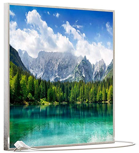 STEINFELD Bild Infrarotheizung mit Thermostat | Made in Germany | viele Motive 350-1200 Watt Rahmen silber (350W, 057 Türkisfarbener See)