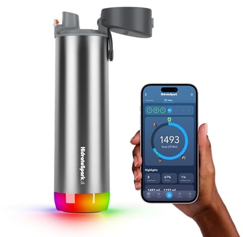 Hidrate Spark PRO Smart Water Bottle - Tracks Water Intake & Glows to Remind You to Stay Hydrated, Chug, 621 ml, Stainless Steel