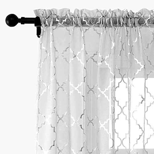 Kotile Marokkanische graue transparente Vorhänge, metallische Silberfolie, Geo-Spalier-Muster, Druck, Stangentasche, Privatsphäre, Voile-Vorhänge für Schlafzimmer, 132 x 160 cm, 2 Paneele, Silber und