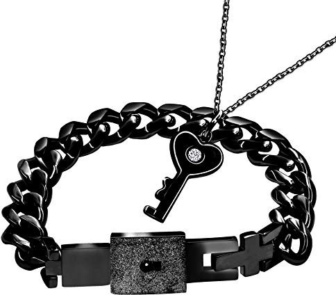 Uloveido Black Stainless Steel Couples Lock Bracelet and Key Pendant Necklace Matching Jewelry Set for Girlfriend Boyfriend Y808 (Black)