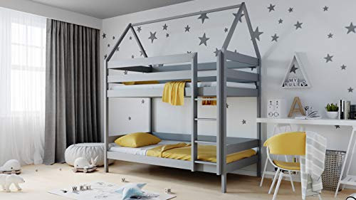 WFL GROUP Kinderbett Haus Etagenbetten 3ft Single 90x190 90x200 80x160 cm Kiefer Massivholz Hausbett Etagenbett Für Kinder - 160 x 80 cm - Grau