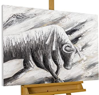 KunstLoft Leinwandbild | 100% HANDGEMALT | 100x75cm | Gemälde 'Weg des Widders' | Stier | Schwarz-Weiß Grau | Wandbild Wohnzimmer