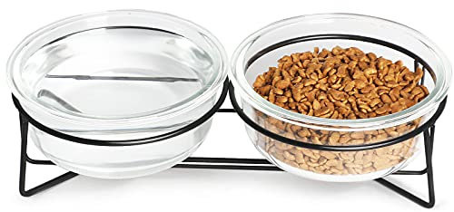 GDCZ Glass Raised Cat Bowls with Heighten Metal Stand for Pet Food and Water Dishes,18 Ounces Transparent