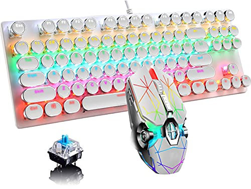 Mechanical Gaming Keyboard and Mouse Combo, 87 Key Retro Punk Typewriter-Style,Blue Switch RGB Rainbow Backlit Keyboard,Cool Breathing Light Lightweight Gaming Mouse for Game and Office,White