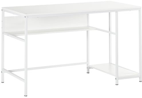 HOMCOM Computer Desk with Storage, 120 x 60cm Home Office Desk with 2 Shelves and Steel Frame, Writing Table for Living Room, Study, White