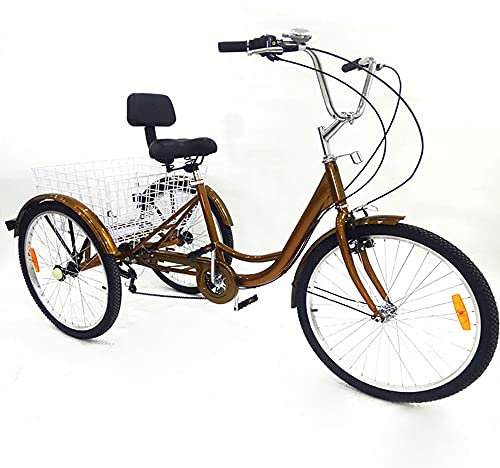 TIXBYGO 24 Zoll 6-Gang Erwachsene Dreirad 3 Räder Fahrrad mit Einkaufskorb,Wheel Come mit Reflexstreifen Dreirad Fahrrad Verstellbarer Lenker Dreirad ist Geschenk für Freunde oder Eltern kaufen Gold