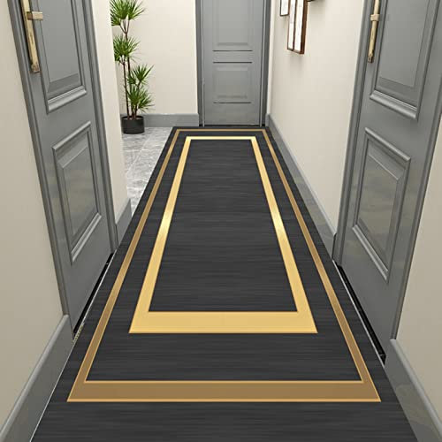 HWLL Runner Rug Nordic Style Black Runner Rug, Narrow Hallway Carpet Mat with Gold Border Decor, 3ft / 6ft / 10ft / 13ft / 16ft / 20ft / 23ft / 26ft Long, Machine Washable