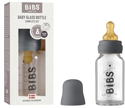 BIBS Baby Glass Bottle, Vermindert Koliken, Runder Sauger aus Naturkautschuklatex, Unterstützt das Stillen. Hergestellt in Dänemark, Complete Set - 110 ml, Iron