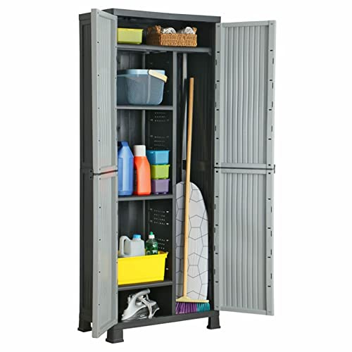 Mogou Armario de Plástico para Jardín y Terraza, Mueble Exterior de Almacenaje, Escobero, 68x39x171,5 cm