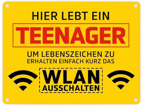 Hier lebt ein Teenager WLAN ausschalten Metallschild in 15x20 cm lustiges Blechschild um auf die Handysucht von Teenagern in der Pubertät hinzuweisen