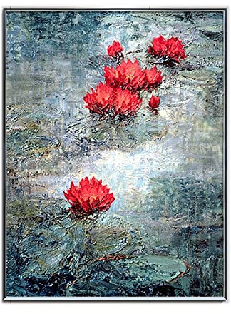 AERK Peinture À Lhuile sur Toile Peinte À La Main, Peint À La Main Oeuvre Originale Texturée sans Cadre Originale Fleur De Lotus Rouge Paysage Peintures À l'huile Abstrait Moderne Extra Large AR