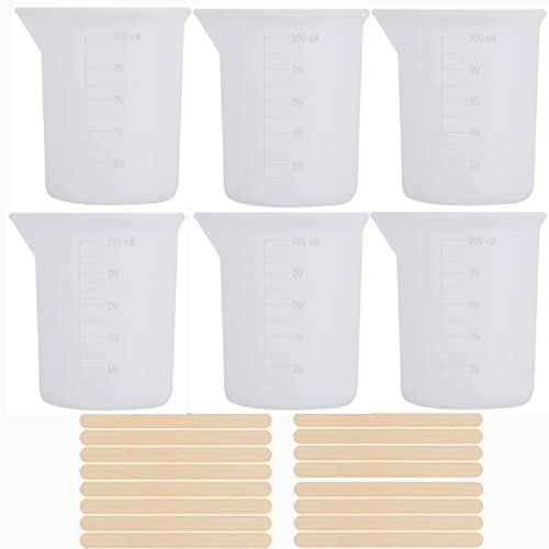 6 vasos medidores de silicona para resina expoxi, 100 ml, vasos medidores de silicona para resina, recipientes de resina fundida con varillas mezcladoras para resina, pintura, arte con 20 varillas de