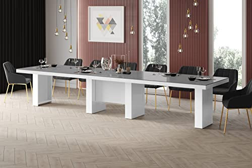 Design Esstisch HLA-111 Grau Hochglanz/Weiß Hochglanz ausziehbar XXL 160 cm bis 400 cm Esszimmertisch für 18 Personen Kitchentable Funktionstisch Ausziehtisch Esszimmer Tisch Esszimmermöbel