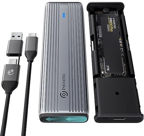 PHIXERO NVMe SATA Gehäuse, M.2 NVME Gehäuse Werkzeugfrei Aluminium SSD Gehäuse,10Gbps NVMe PCIe und 6Gbps AHCI SATA, Unterstützt M-Key/B+M Key, mit UASP Trim für 2230/2242/2260/2280 SSD