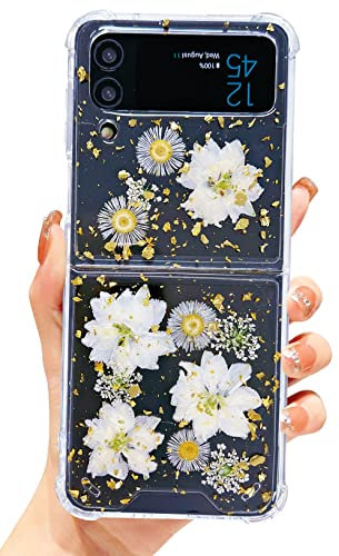 Efitoo for Samsung Galaxy Z Flip 3 5G Case Clear with Design, Cute Floral Glitter Sparkle TPU & PC Transparent Dried Real Pressed Flower Aesthetic Case for Women Girls (Gold Daisy Flower)