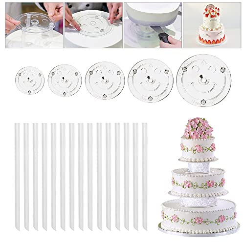 LdawyDE Supporti per torte a più piani riutilizzabili - 15 tasselli per torte con 5 basi per torte (9/12/16/20/26 cm) per decorare torte di feste e festival nuziali