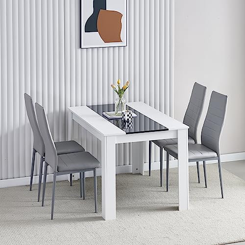 Modern White Dining Room Table and Chairs Set of 4 for Small Space, 5pcs Wood Kitchen Table with 4 Seats Chairs Set for Restaurant Dinette Space-saving (table and 4 grey leather chairs)