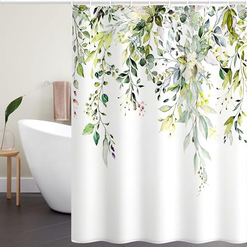 TOTSUN Fabric Shower Curtain, 180×200cm Green Floral Bathroom Shower Curtains Anti Mould & Waterproof Quick-Drying Shower Curtain for Bathroom, with 12 Hooks