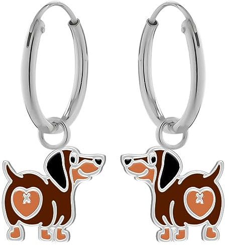 LOVE YOUR CITY Ohrringe, Creolen kleiner, Hund, Dackel mit Herz. Perfekte Geschenke für Mädchen, Kinder. Hochwertiger Kinderschmuck aus Sterling Silber mit Emaille.