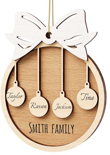 witfox Personalisierte Weihnachtsanhänger mit 4 Namen - 2023 Holz-Weihnachtsbaumschmuck Personalisierte Weihnachtskugeln Familie, Partner Haustier und Freunde