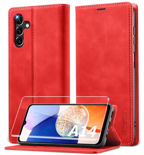 Lanhiem Cover per Samsung Galaxy A14 5G/ 4G con Vetro Temperato, RFID Blocker, Flip Libro in Pelle Premium, WalletCase con Porta Carte, Portafoglio Magnetica, Custodia per A14 5G/ 4G, Rosso