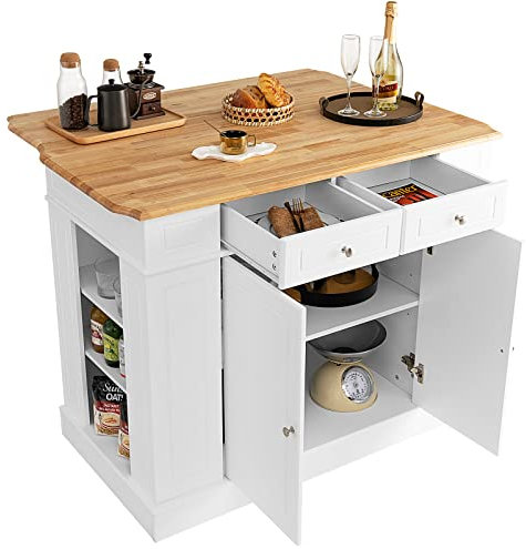 COSTWAY Ilot Central Cuisine Plateau en Bois d'Hévéa Pliable, Étagères Réglables à 3 Niveaux, Desserte de Cuisine avec Tiroirs, Supports Latéraux et 2 Portes, 61 x 120 x 92 cm, Blanc
