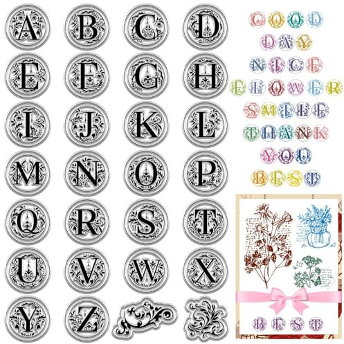 CRASPIRE Stempel mit Initiale A-Z, klare Gummistempel, Alphabet, Vintage, Blumenmuster, wiederverwendbar, transparent, Silikonstempel, Siegel für Journaling, Kartenherstellung, Scrapbooking,
