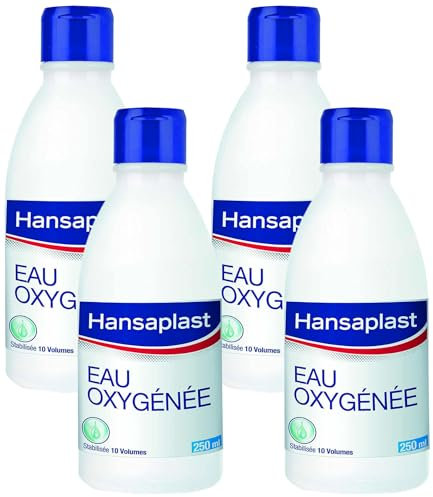 HANSAPLAST Eau oxygénée 10 volumes (250 ml), Désinfectant nettoyage et hygiène de la peau, Antiseptique pour désinfection des petites plaies ou blessures superficielles (Lot de 4)