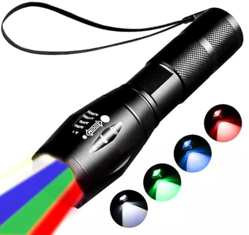 MODOAO Linterna LED 4 en 1 Linterna recargable de luz roja, verde, azul y blanca Linterna multicolor Zoomable resistente al agua 4 modos de luz de recarga de fotos para pesca, camping, senderismo e il