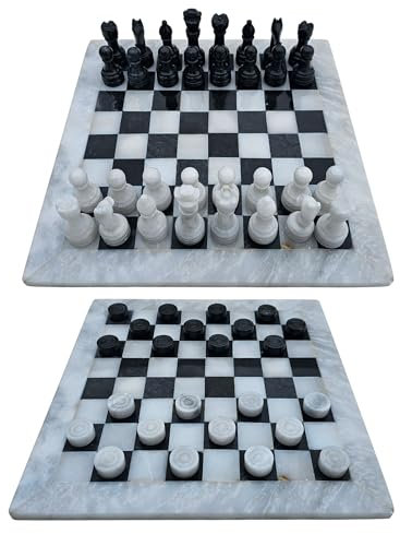 Combo Set Schachspiel Damespiel Brettspiel 12 Zoll/ 30 cm inkl. 32er Schachfiguren 24er Damesteine Farbe schwarz und weiß-grau aus Marmor