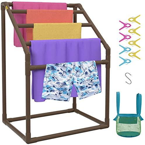 VEVOR Porte-serviettes de Piscine, 5 Barres, Marron, Organisateur de Rangement Autoportant en PVC Trapézoïdal au Bord de la Piscine, avec Pinces, Sac en Filet et Crochet, pour Ranger Pagaies, Plage