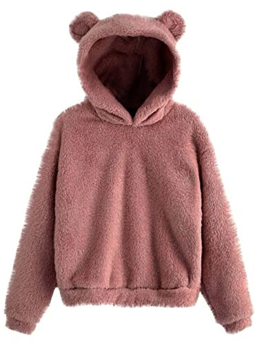 Sweatshirts for Women UK Cute Bear Ear Fuzzy Hoodies Oversize Long Sleeve Teddy Fleece Hooded Jumpers Winter Warm Comfy Lovely Pullover Soft Casual Loose Plain Tops S-5XL