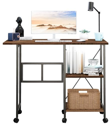 Scrivania pieghevole per computer, 108 x 60 x 79 cm, tavolino pieghevole con ruote e 2 ripiani, vassoio per laptop per divano e letto, camera da letto e soggiorno, marrone