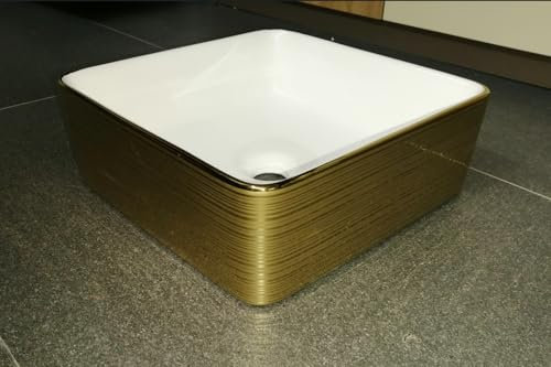 MEJE Évier carré de salle de bain de luxe à rayures dorées de 35,6 cm, lavabo au-dessus du comptoir en porcelaine, céramique artistique, lavabo pour lavabo de lavabo