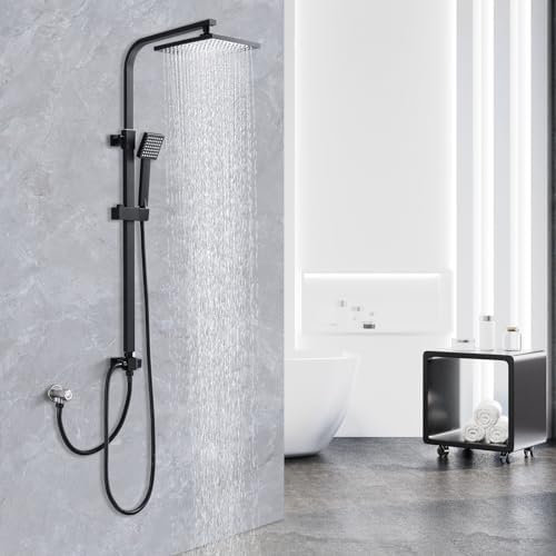 HOMELODY Sistema de ducha sin grifería, color negro, grifo de ducha de lluvia de acero inoxidable, juego de ducha rectangular, columna de ducha ajustable con cabezal de ducha de 20 x 20 cm