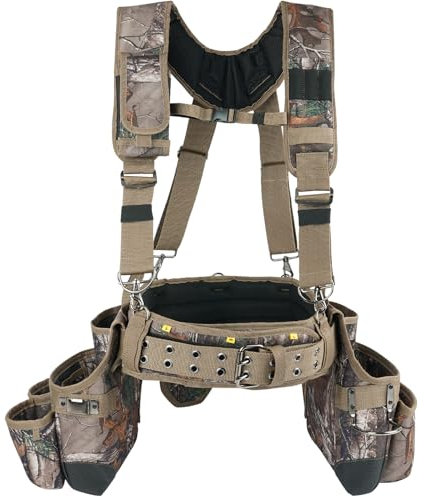 MELOTOUGH Camo Tool Belt with Suspenders Camouflage Tool Bag Supenders Framers Comb Apron Tool Belt Construction Tool Pouch Suspenders Heavy Duty Carpenter Suspension Rig for Electrician
