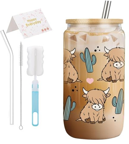 Joalpysm Highland Cow Glass Cups with Lids and Straws, Highland Cow Gifts for Women Girls 16oz Iced Coffee Cup Ideal for Cocktail, Coke, Soda (A)