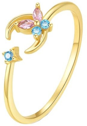 Grewod 375 Gold Ring Damen Mond Stern Schmetterling Offen Ring Verstellbar Rosa Marquise Labor Erstellt Edelstein mit Topas Ring Schlicht Größe 47 (15.0)