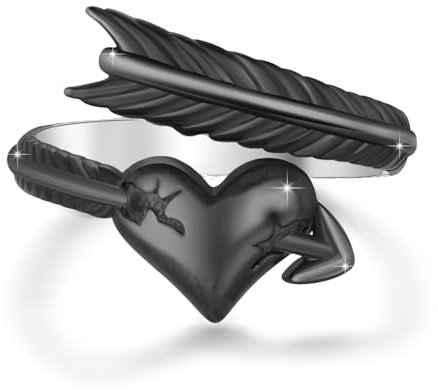 OHAYOO Verstellbarer Herzring Damen: Schwarzer Gothic Ring mit Pfeil durch Herz-Design, 925 Sterling Silber - Geschenk für Frauen & Mädchen
