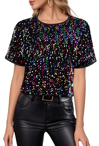 Segreto Damen Glitzer Pailletten Tops Short Sleeved Rundhals Locker Oberteil Glänzende Party Bluse T-Shirts Festliches Outfit