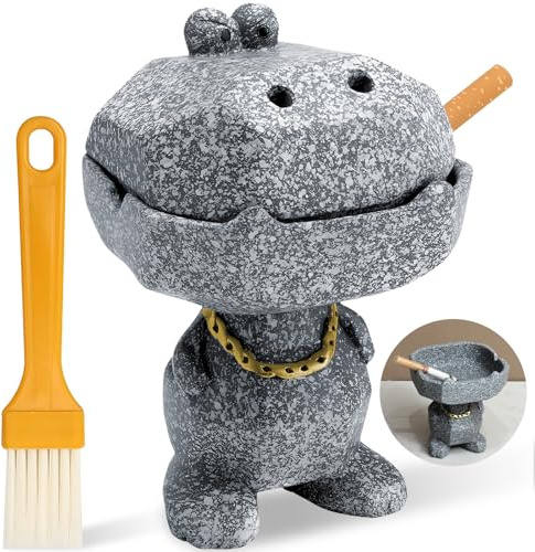 13 cm Resin Ashtray with Lid, Windproof Ashtray for Indoor & Outdoor Use, Stylish Crocodiles Ash Tray Decorations, Table Ornament for Home Office Table Decor (Gray with White Dots)