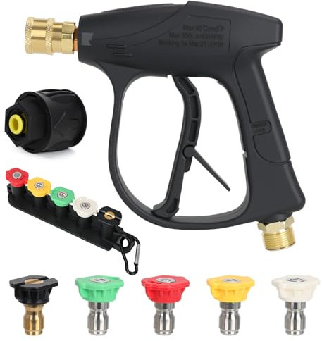 GTNCE High Pressure Washer Gun 4350 PSI, Short Jet Wash Gun with 5 Spray Nozzle Tips, M22 14MM Fitting Hose Connector & 1/4 Quick Connector Adapter, Compatible with Karcher K2-K7, Power Washer Gun