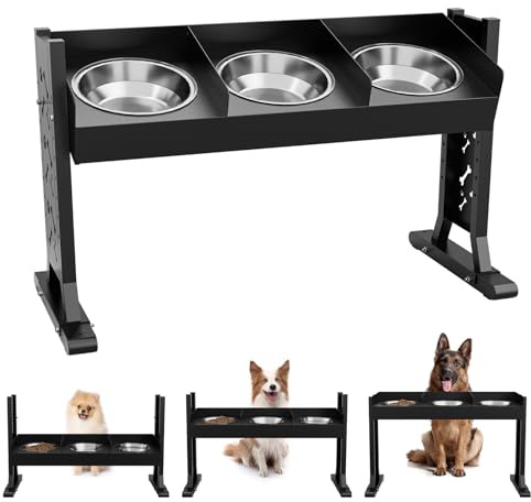 Triple Elevated Dog Bowls Stand for Multiple Dogs,8 Height Adjustable Tilted Raised Dog Bowl Stand with 3 Stainless Steel 1.3L(44oz) Bowls, 21.9 Tall Pet Feeding Station for Large Breed Dogs