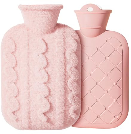 Hot Water Bottle with Cover,1 Litre Classic Rubber Hot Water Bag Long Heat Retention Bag for Cramps Back Pain Neck Pain Hand Feet Warmer Women Kids Thoughtful Birthday Gifts,Valentine's Day Gifts,Pink