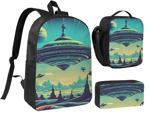 LXqlSS Universe Planet print Backpack Bookbag for Daily Use,3 Pcs Backpack Set with Lunch Box and Pencil Case