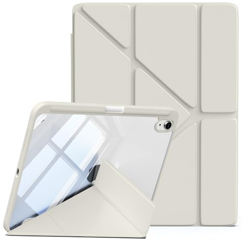 Lsmmpoba Case for iPad (A16) 11th/10th Generation 11/10 inch (2025/2022) with Pencil Holder, Clear Transparent Back Shell Shockproof Cover, Vertical Horizontal Stand, Auto Sleep/Wake, White