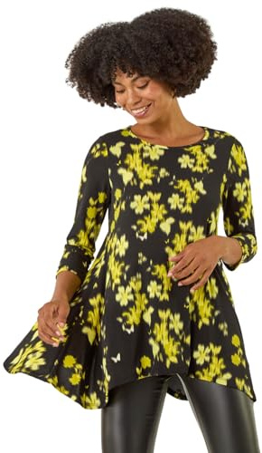 Roman Originals Hanky Hem Tunic Top for Women UK - Ladies Longline Blouse Asymmetric Hemline Casual Slouch Loose 3/4 Sleeves Round Neck Relaxed Comfortable Holiday - Yellow Black - Size 18