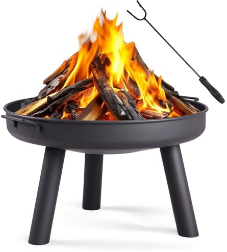 LEADZM Feuerschale Feuerkorb Ø60 cm Schwarz | Eisenkonstruktion, 2 Stabile Griffe Inkl. Feuerhaken, Geeignet Für Holz & Kohle, Feuerstelle Für Garten, Terrasse & Outdoor