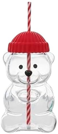 YUEHISY Bear Straw Cup, 20oz Cute Clear Glass Therapy Versatile Sippy Cup with Leak Proof Red Lid, Easy to Clean for Coffee Milk Tea